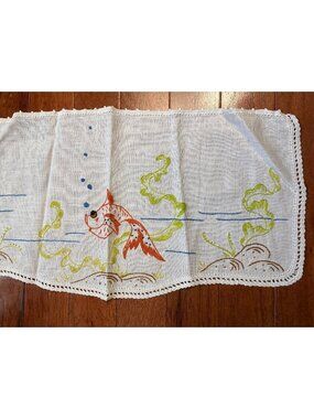 Hand-Embroidered Fish Seaweed Linen Doily 8x17" Crocheted Edging Vintage